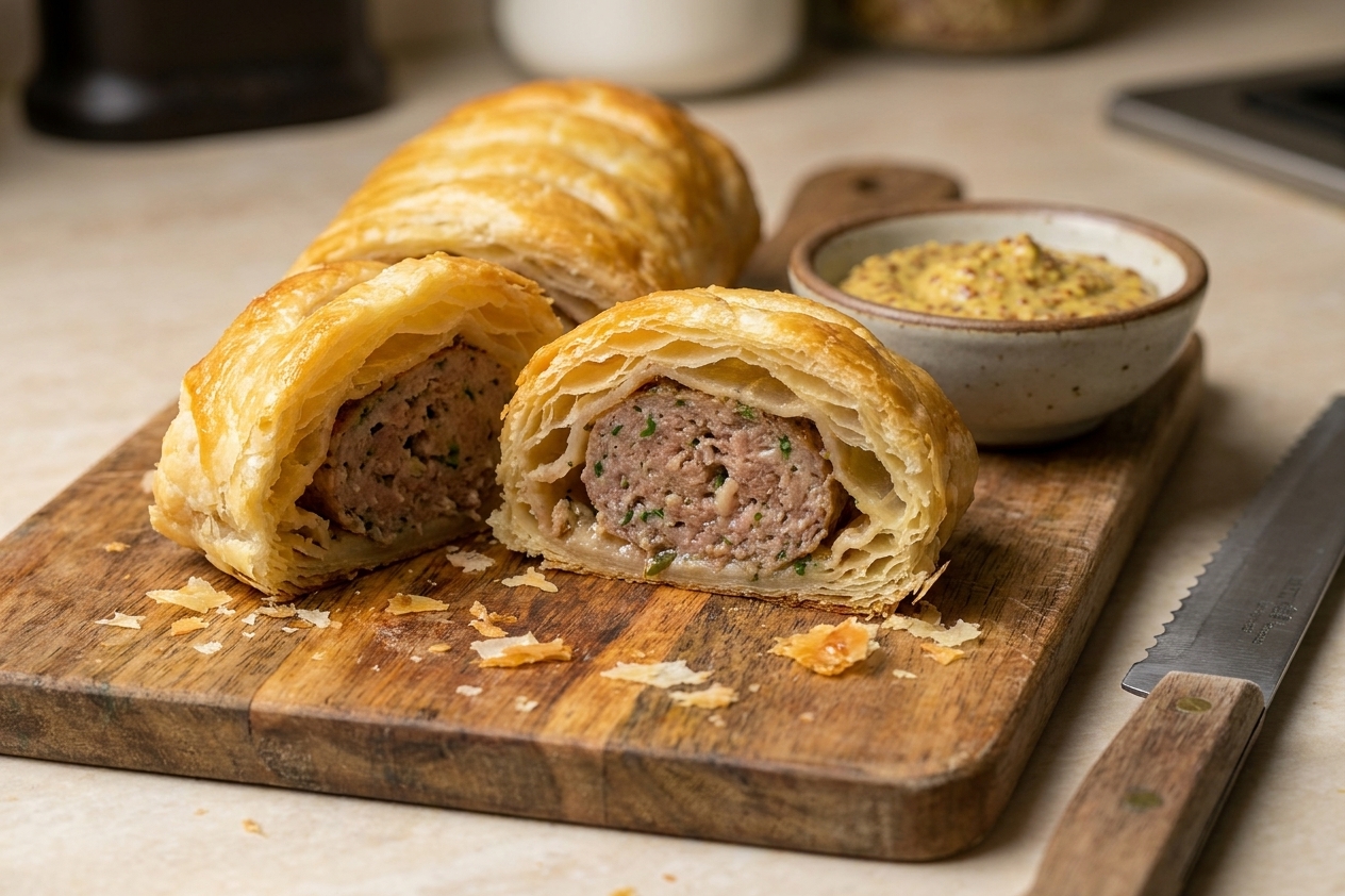 A close-up of a sliced sausage roll showing flaky pastry layers and a juicy sausage center on a wooden cutting board with a small bowl of mustard nearby