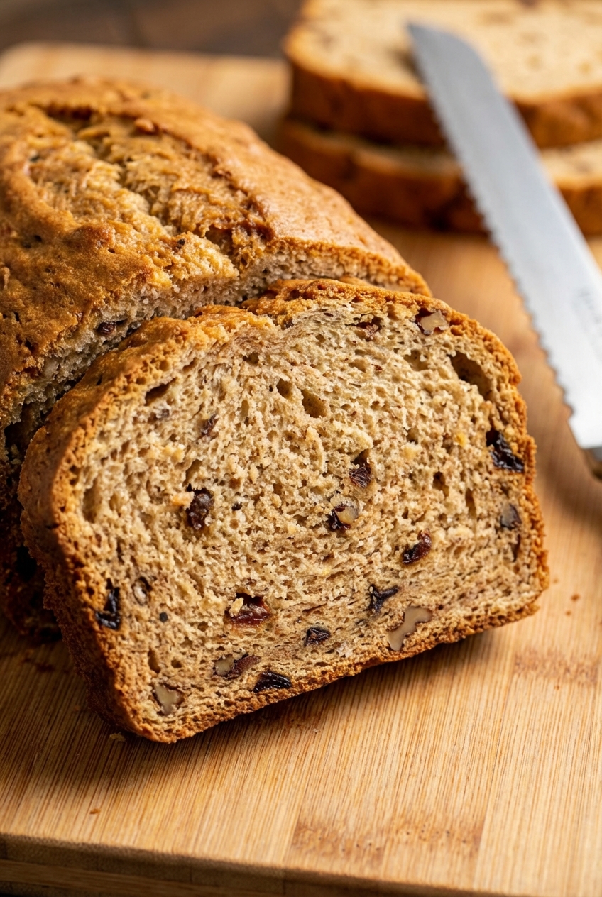 A close-up of a sliced spiced bread loaf showing a soft, tender crumb