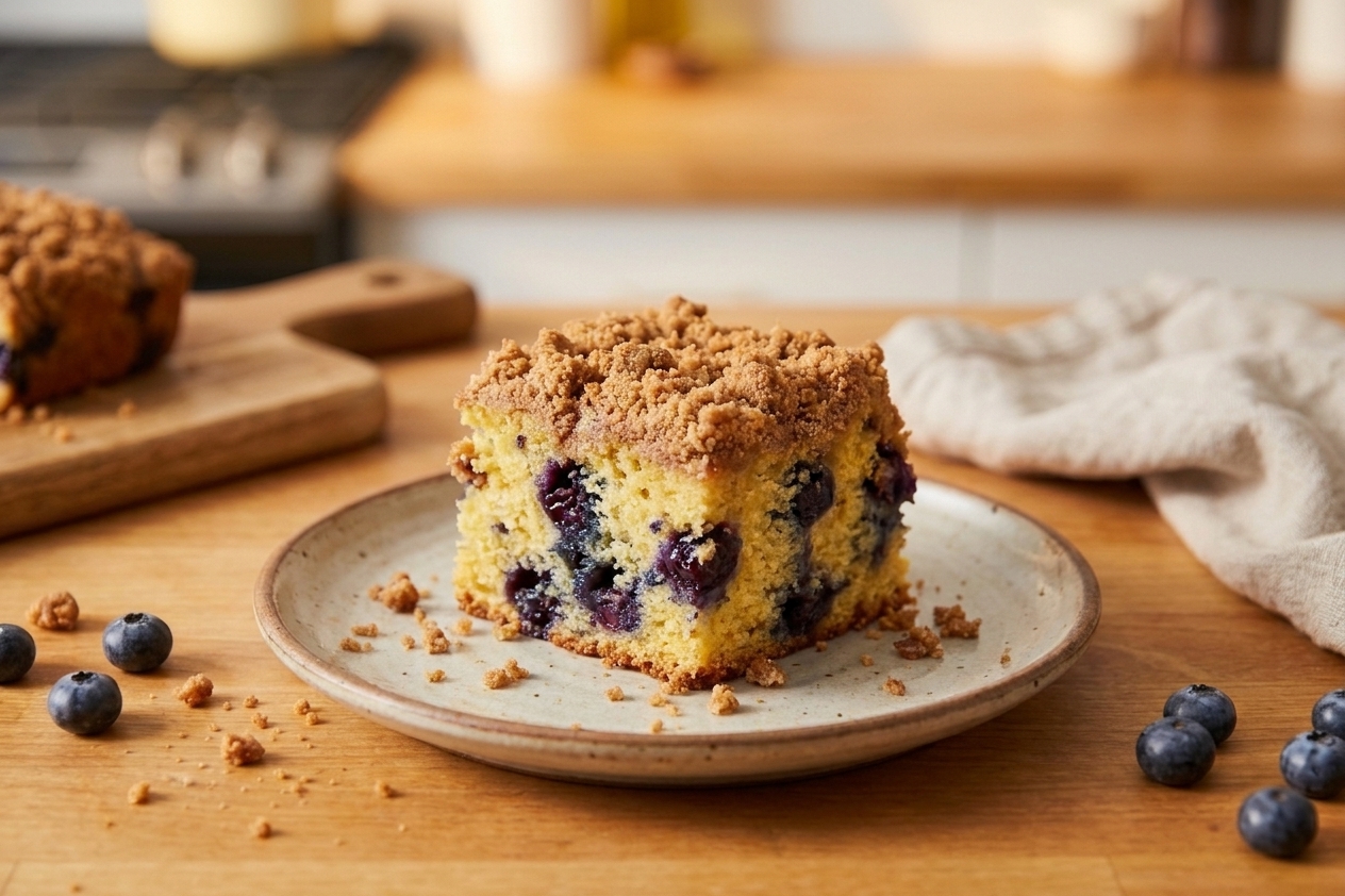 A close-up of a sliced square of blueberry coffee cake on a plate, showing tender crumb dotted with blueberries and a thick cinnamon streusel layer