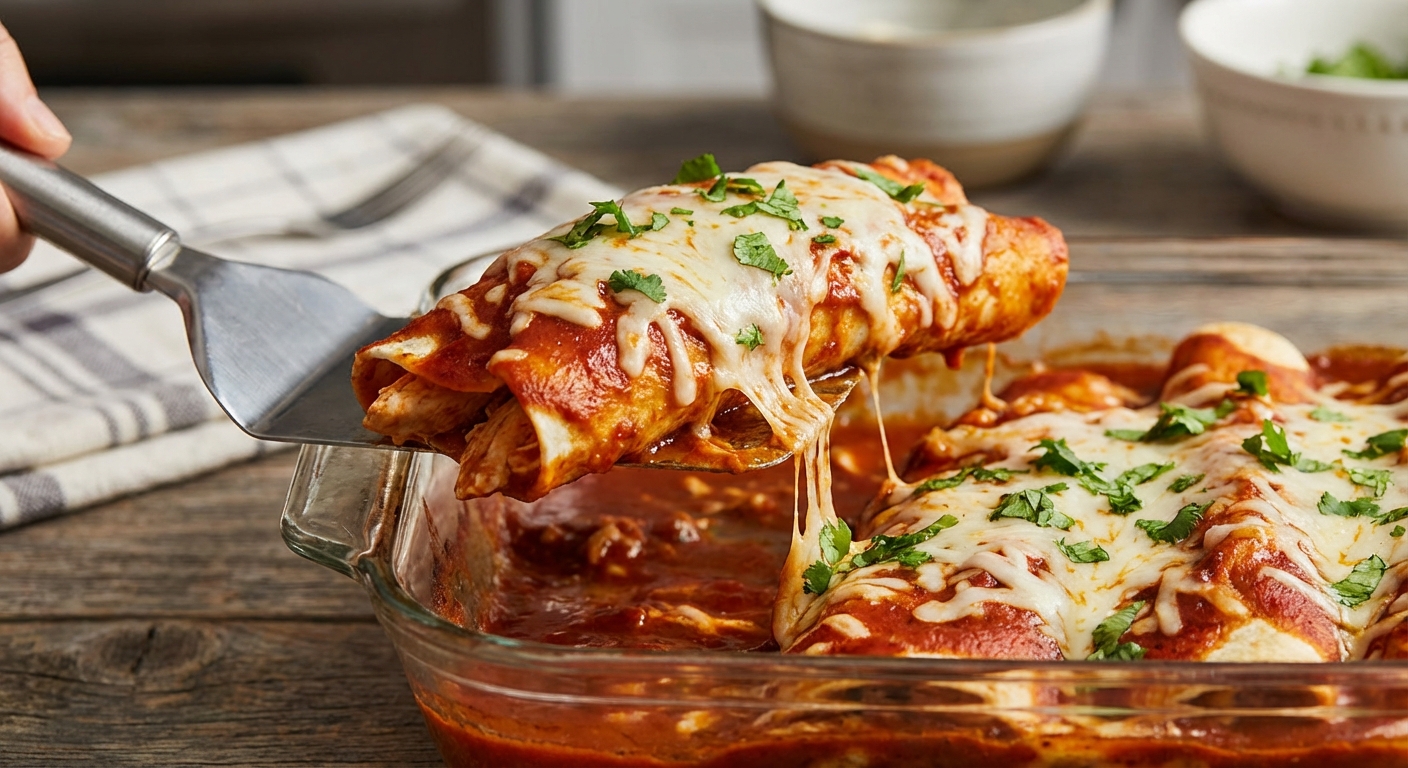 A close-up of a spatula lifting a saucy chicken enchilada with melted cheese from a baking dish