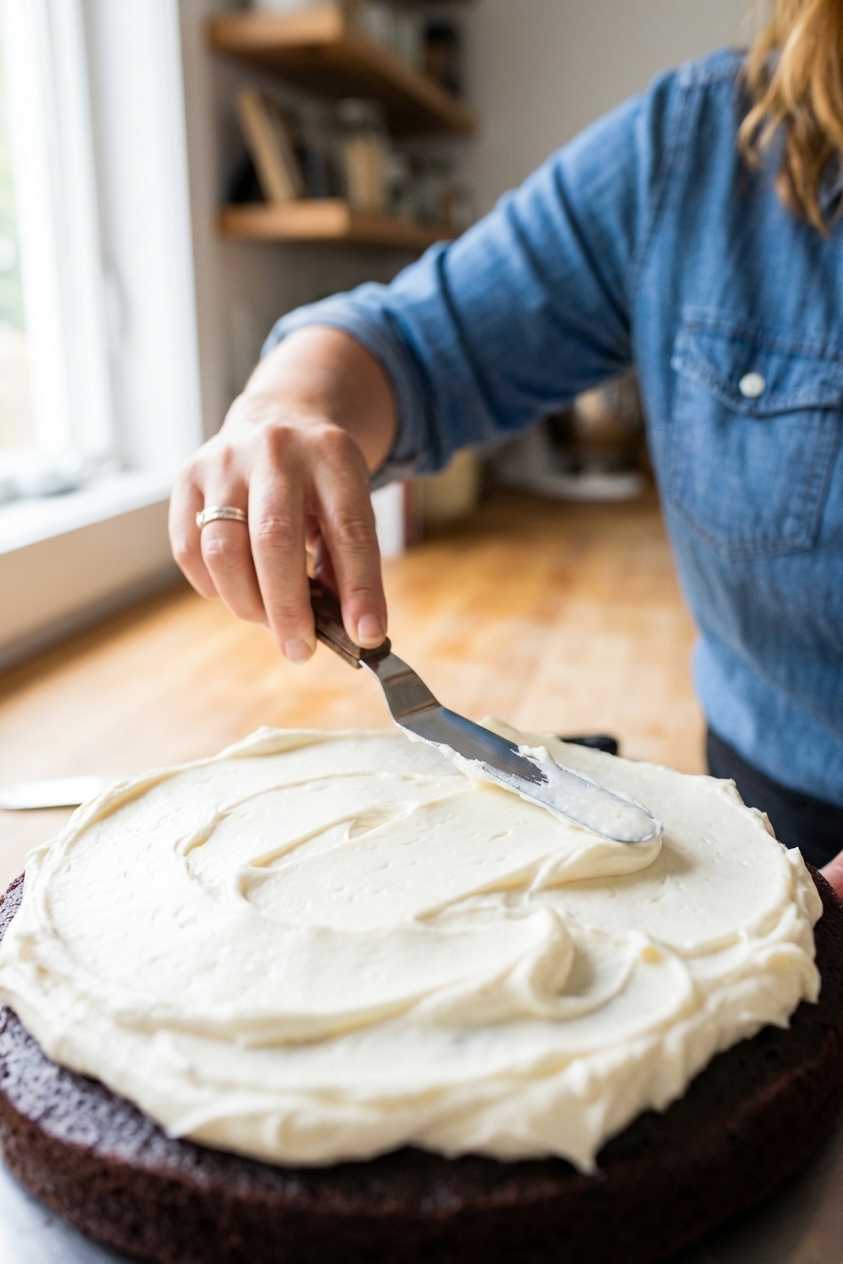 A close-up of a spatula spreading thick cream cheese frosting across the top of a dark chocolate cake layer, with soft peaks forming, bright natural light, photorealistic food photography