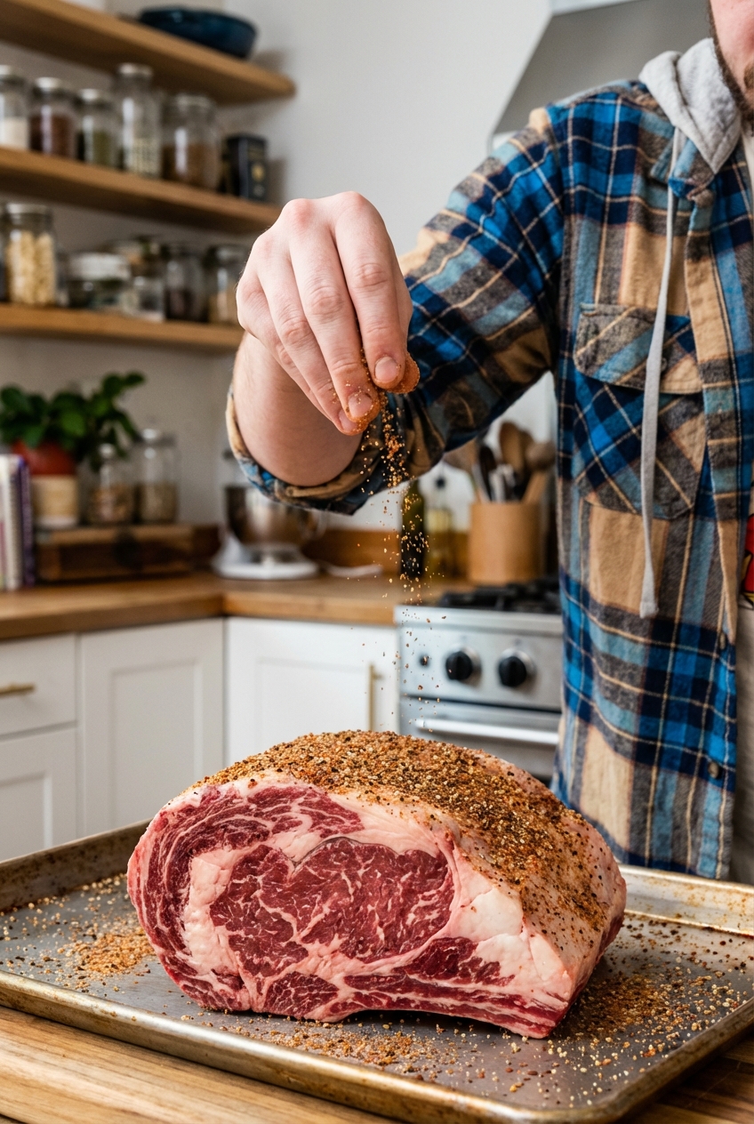 A close-up of a spice rub being sprinkled over a raw prime rib roast on a rimmed baking sheet