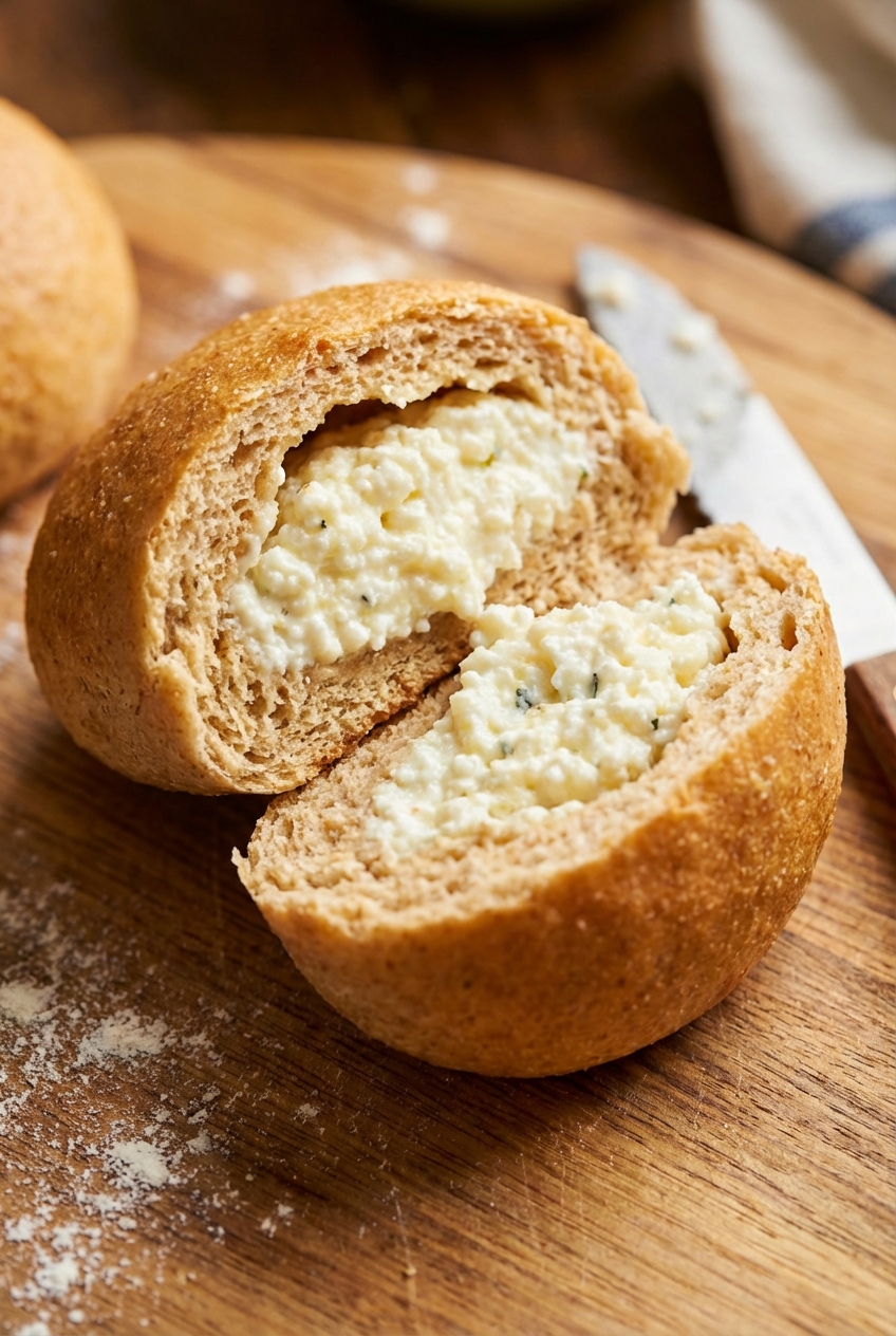 A close-up of a split kolache showing fluffy whole wheat dough and a creamy cottage cheese filling