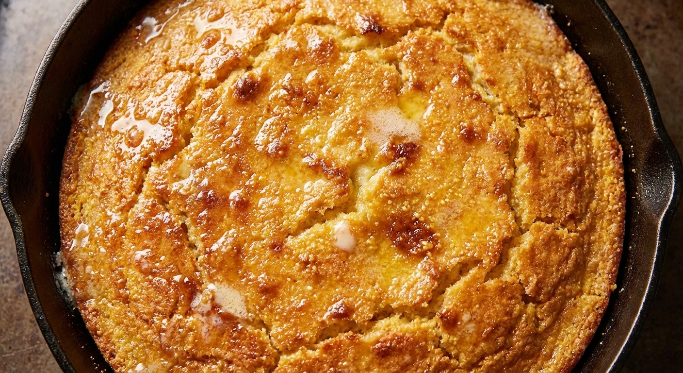 A close-up of a spoon bread surface showing a golden, lightly blistered crust with buttery sheen, baked in a skillet