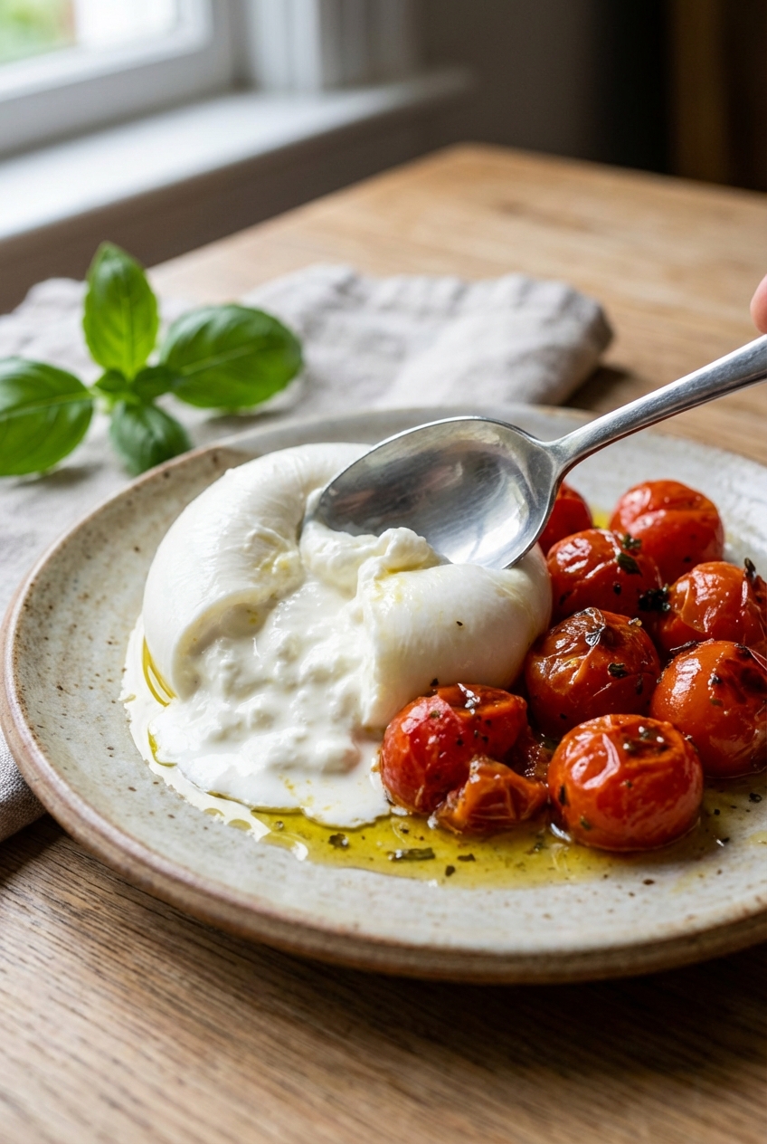 A close-up of a spoon breaking into burrata, with cream spilling onto a plate next to blistered cherry tomatoes