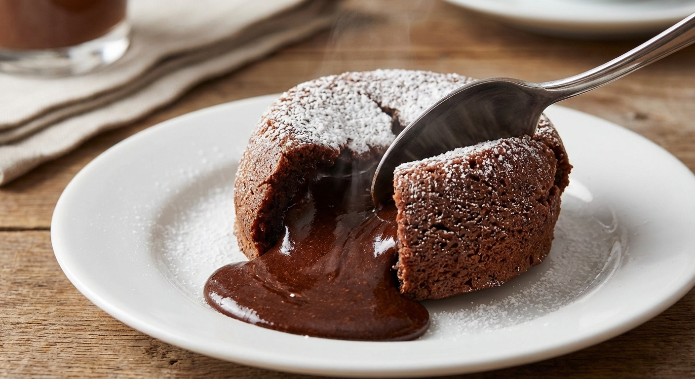 A close-up of a spoon cutting into a chocolate lava cake as glossy melted chocolate flows out onto the plate