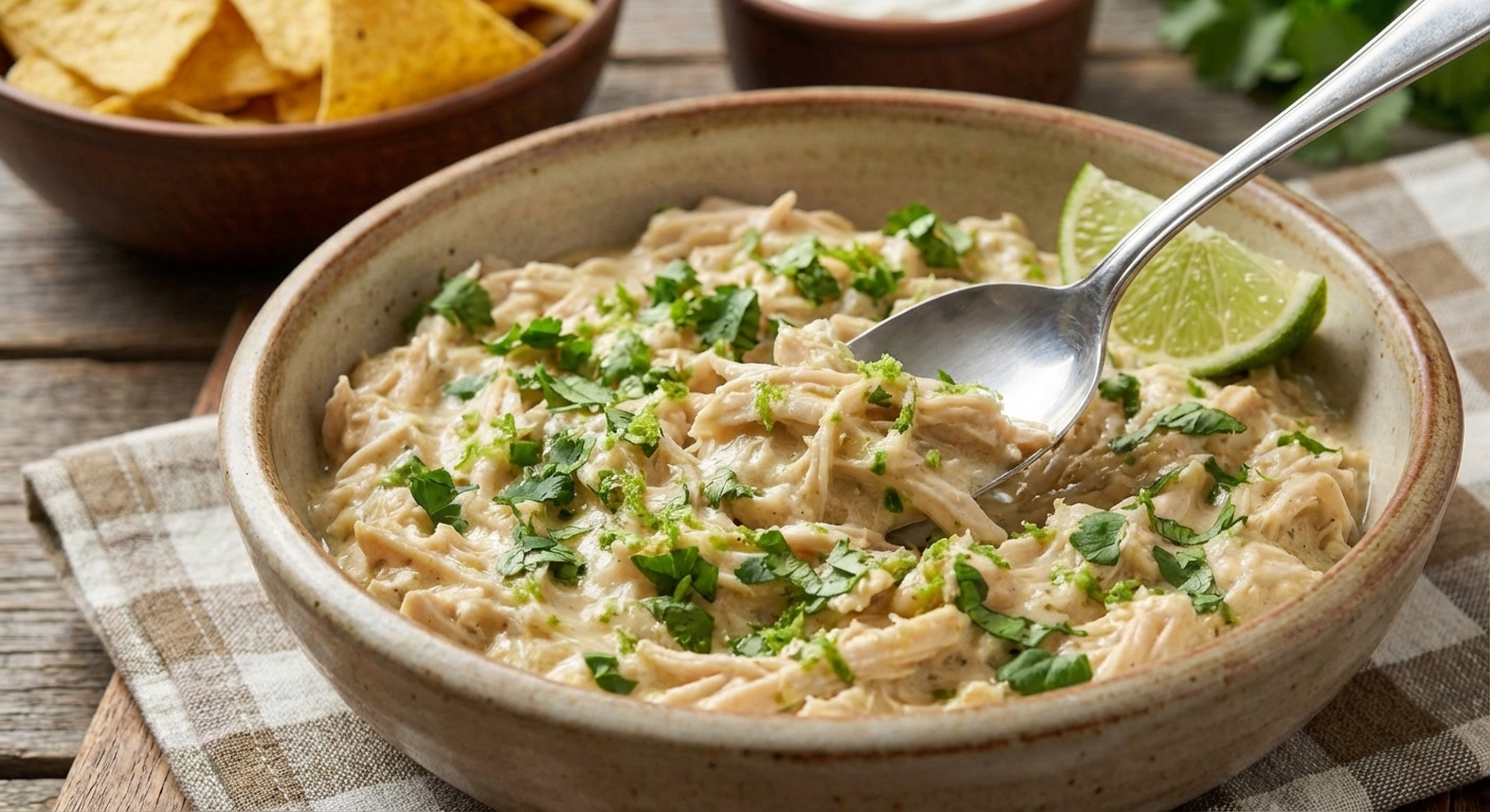 A close-up of a spoon dipping into a bowl of creamy shredded chicken filling with cilantro and lime