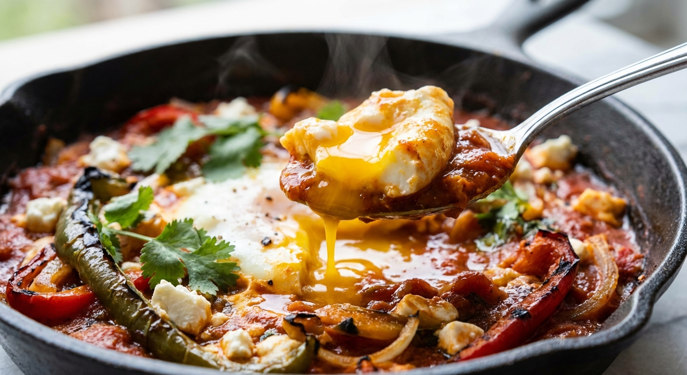 A close-up of a spoon dipping into shakshuka, catching tomato sauce and a bit of egg with a runny yolk