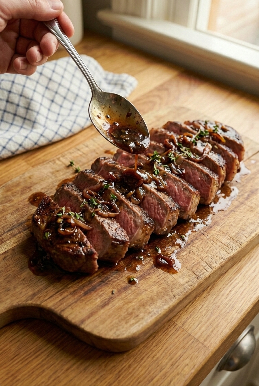 A close up of a spoon drizzling tangy pan sauce over sliced steak