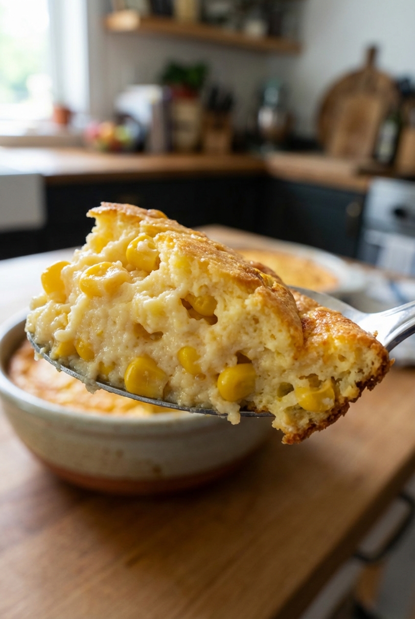A close-up of a spoon holding a fluffy, creamy bite of corn souffle with visible corn kernels