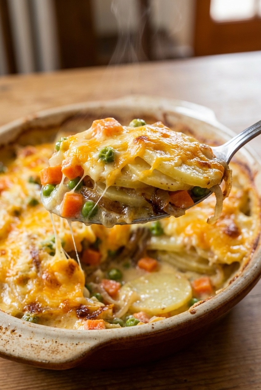 A close-up of a spoon lifting a creamy portion of potato casserole showing layers of potatoes and vegetables with melted cheese