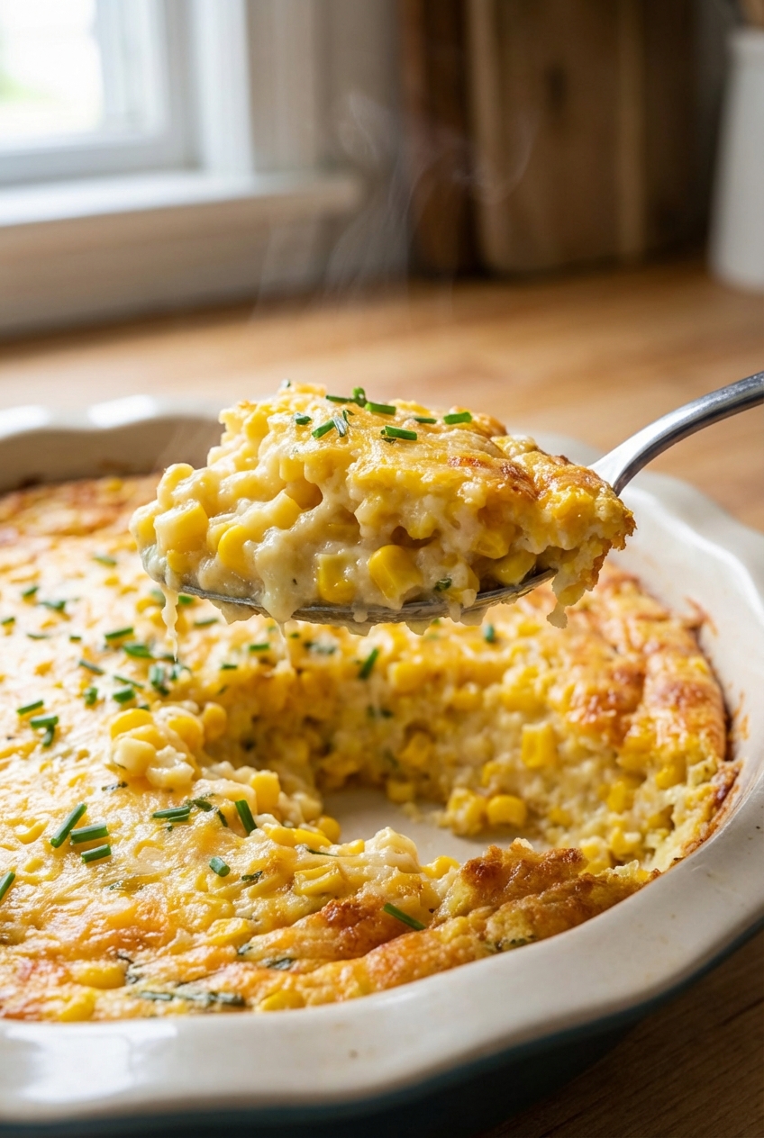 A close-up of a spoon lifting a creamy scoop of corn casserole showing the soft interior