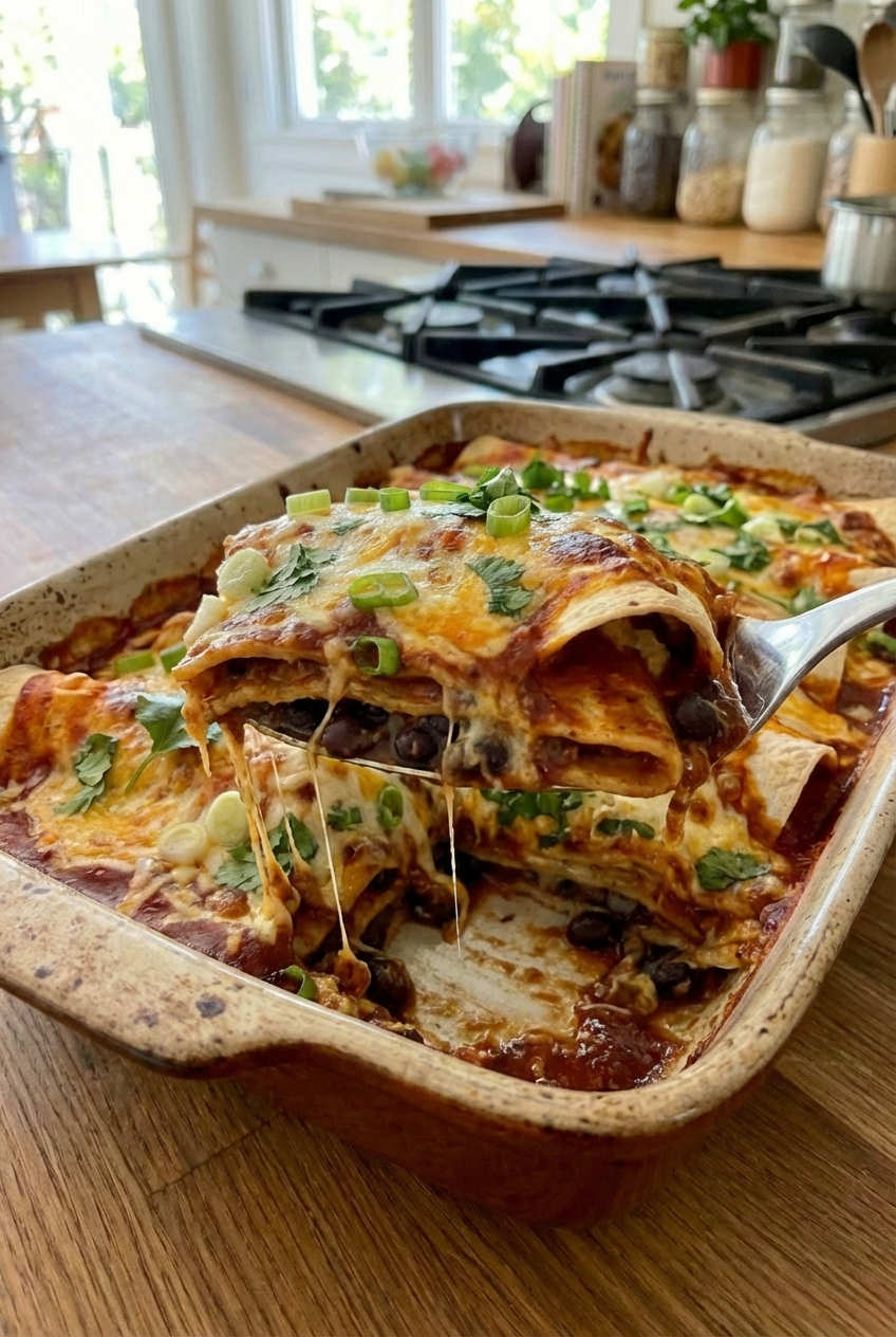 A close-up of a spoon lifting a saucy slice of enchilada casserole showing layers of tortillas, beans, and melted cheese