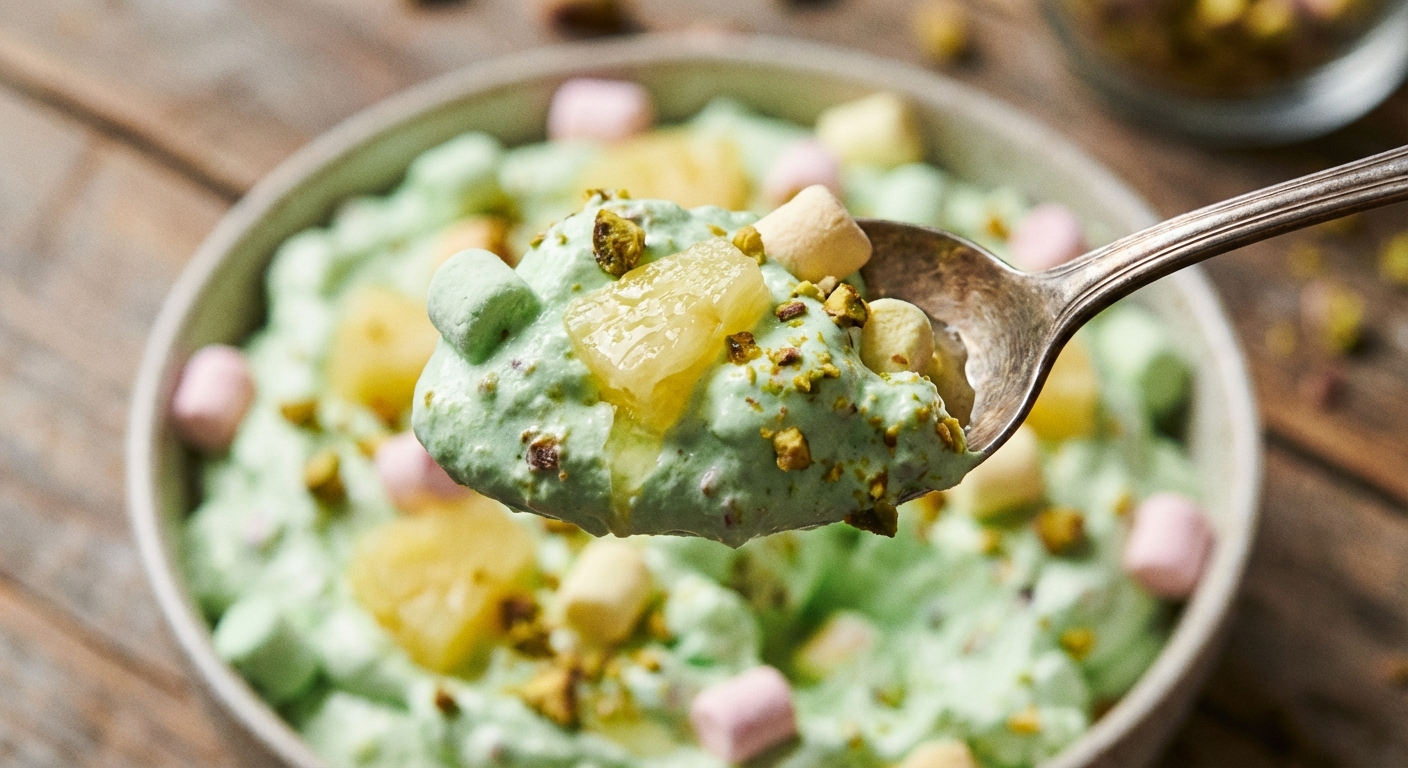 A close-up of a spoon lifting a scoop of green pistachio fluff with pineapple bits and mini marshmallows