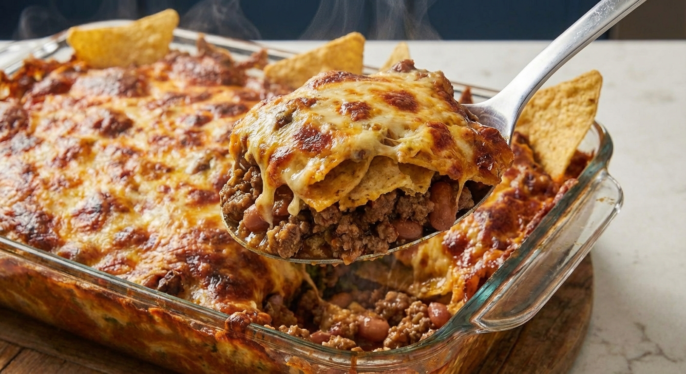 A close-up of a spoon lifting a scoop of taco casserole showing layers of seasoned meat, tortillas, and melted cheese