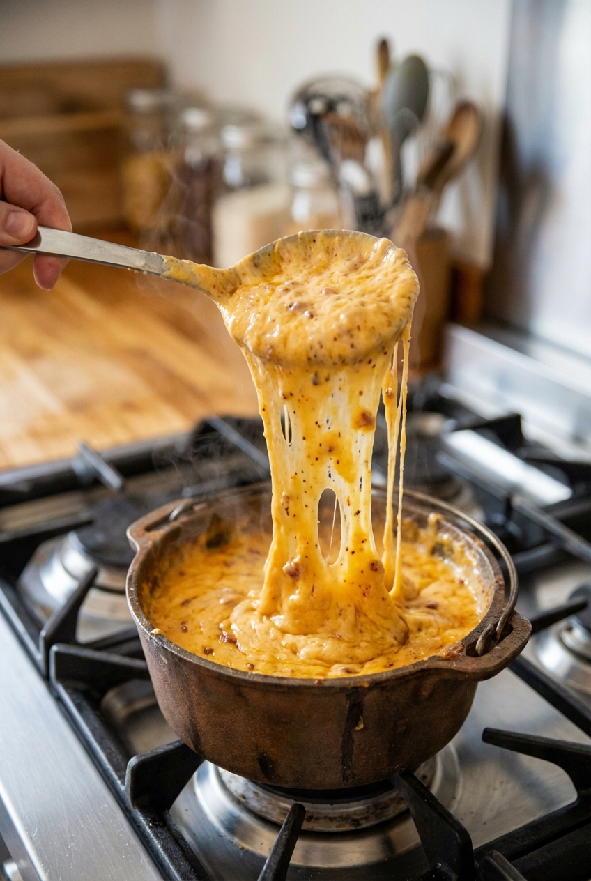 A close-up of a spoon lifting a stretchy scoop of beer cheese dip from a small pot on the stove