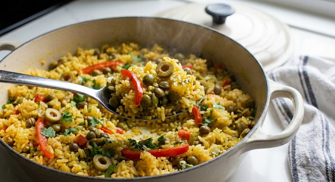 A close-up of a spoon lifting arroz con gandules with pigeon peas and olives, showing fluffy grains and a glossy, seasoned coating
