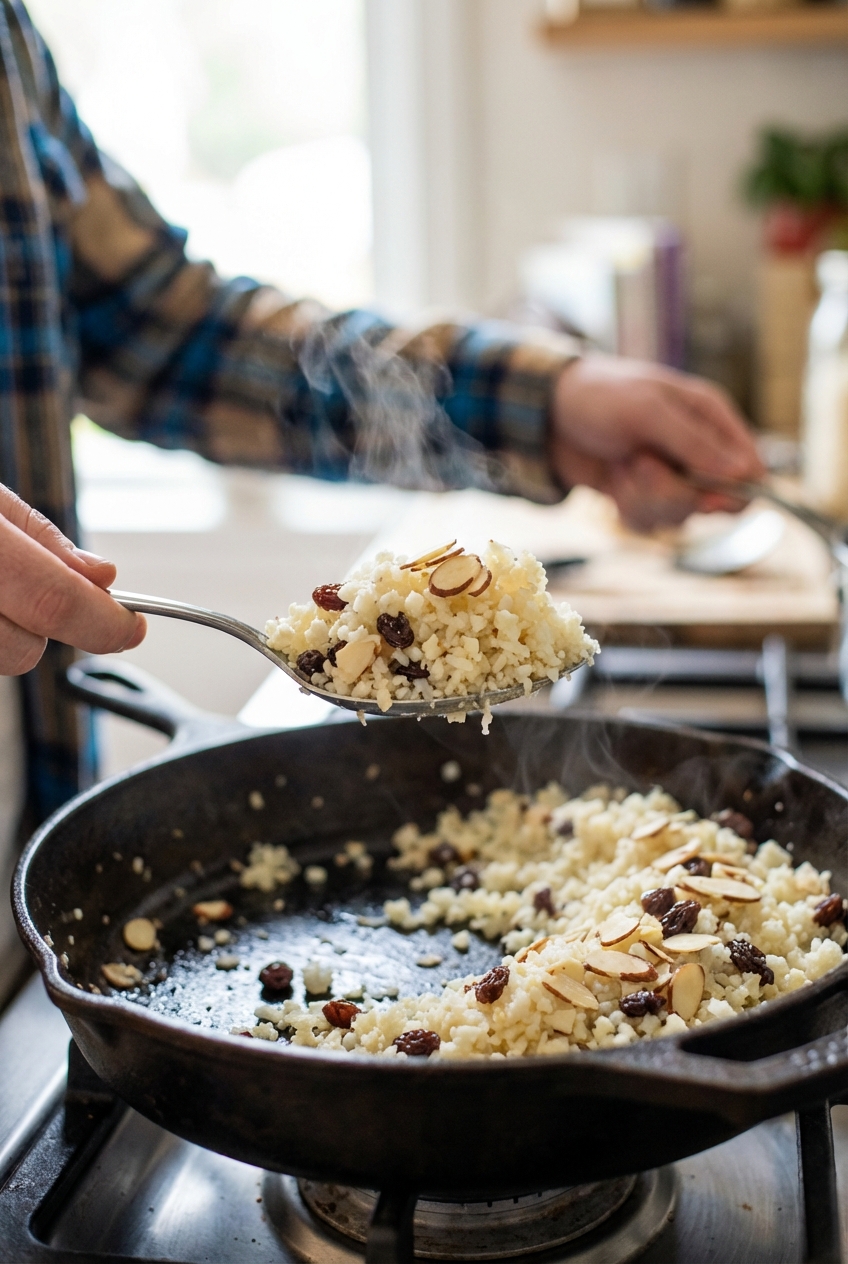 A close-up of a spoon lifting cauliflower rice with raisins and almonds from a warm skillet