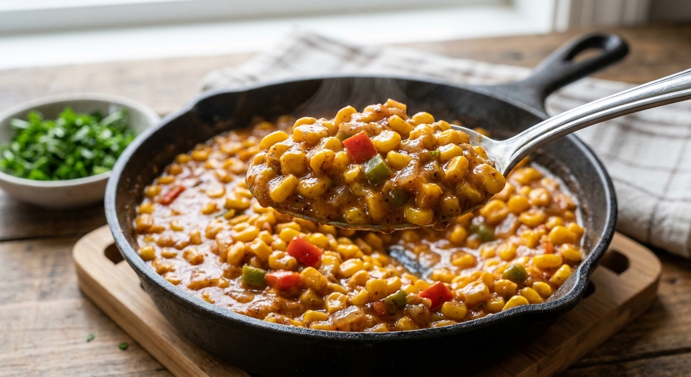 A close up of a spoon lifting creamy Cajun corn with bell peppers from a skillet, showing thick texture and glossy sauce, real food photography style