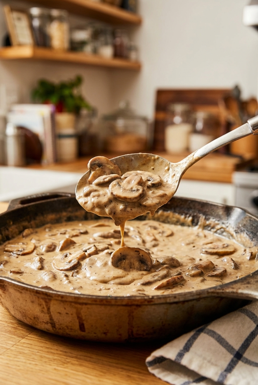 A close-up of a spoon lifting creamy beef stroganoff sauce with mushrooms from a skillet