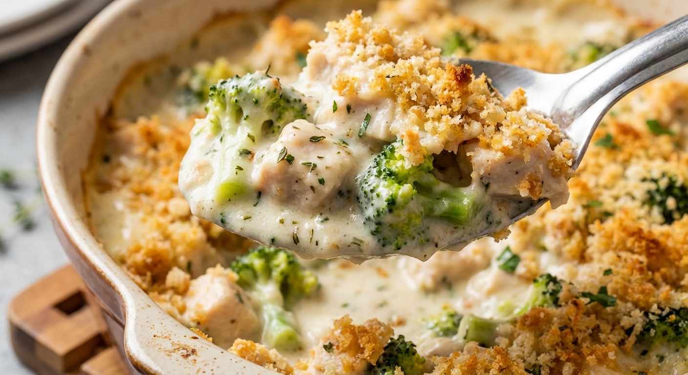 A close-up of a spoon lifting creamy chicken and broccoli from the casserole, showing the thick herb-flecked sauce and crunchy topping