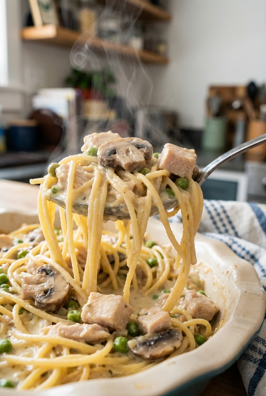 A close-up of a spoon lifting creamy chicken tetrazzini showing spaghetti strands, chicken pieces, and mushrooms with steam rising