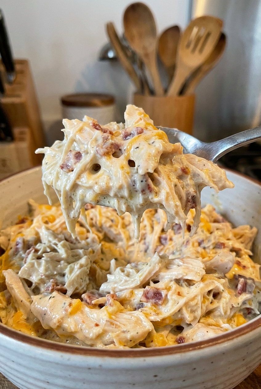 A close-up of a spoon lifting creamy crack chicken showing tender shredded texture