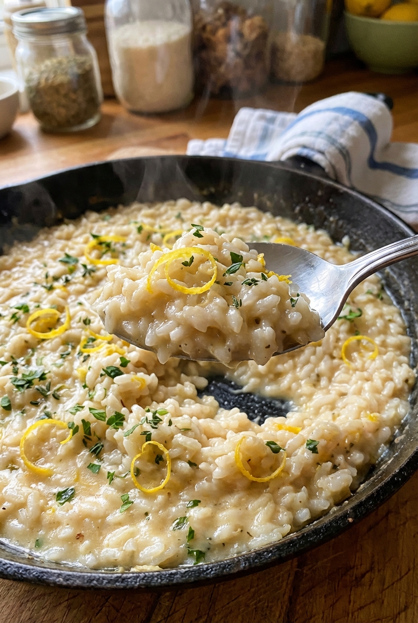 A close-up of a spoon lifting creamy rice with lemon zest and herbs from a skillet