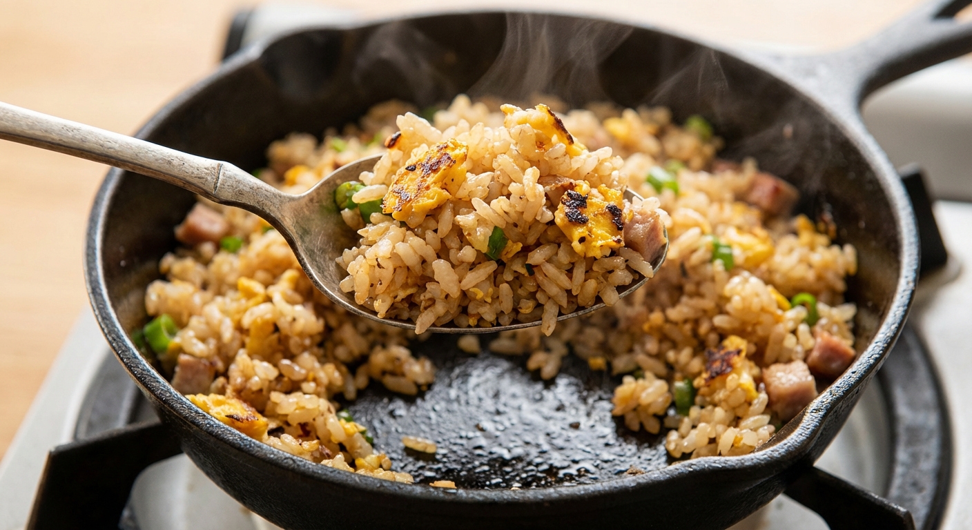 A close-up of a spoon lifting fried rice with visible separate grains, bits of egg, and scallions from a hot skillet