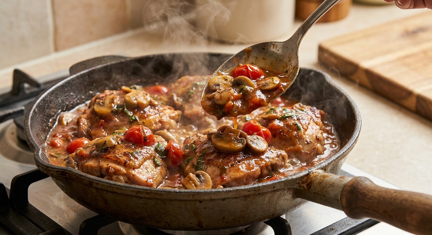 A close-up of a spoon lifting glossy mushroom and tomato sauce over braised chicken in a pan, with steam rising