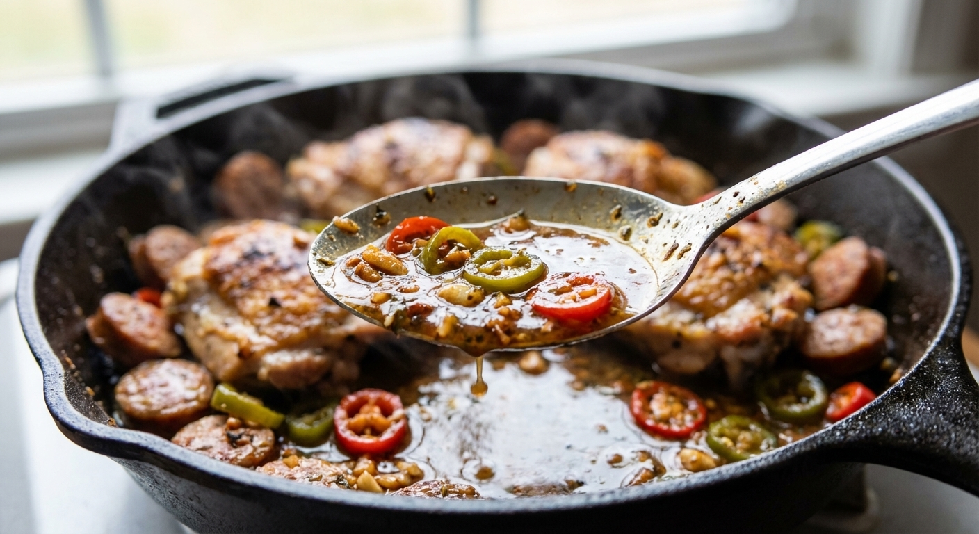 A close-up of a spoon lifting glossy vinegar-pepper pan sauce with sliced cherry peppers and bits of browned garlic from a skillet of chicken and sausage, shallow depth of field, real food photo