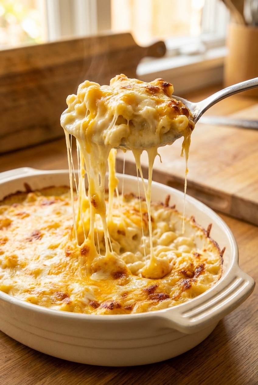 A close-up of a spoon lifting stretchy, creamy mac and cheese from a casserole dish