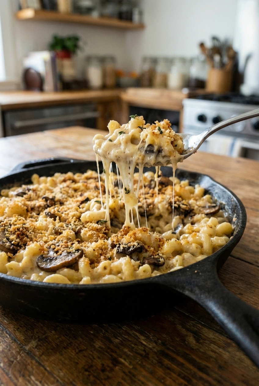 A close-up of a spoon lifting stretchy macaroni and cheese with browned mushrooms and specks of thyme from a skillet