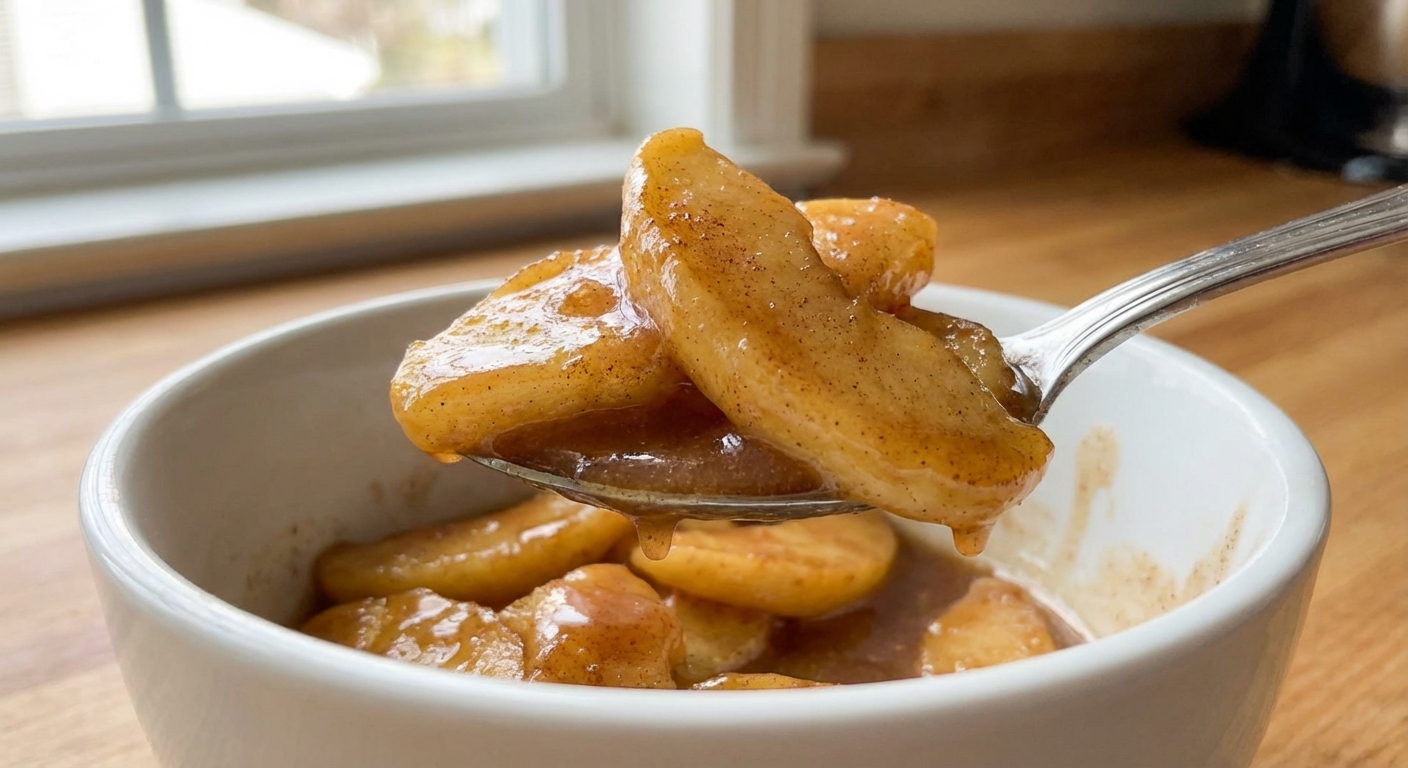 A close-up of a spoon lifting tender fried apple slices coated in a glossy cinnamon sauce