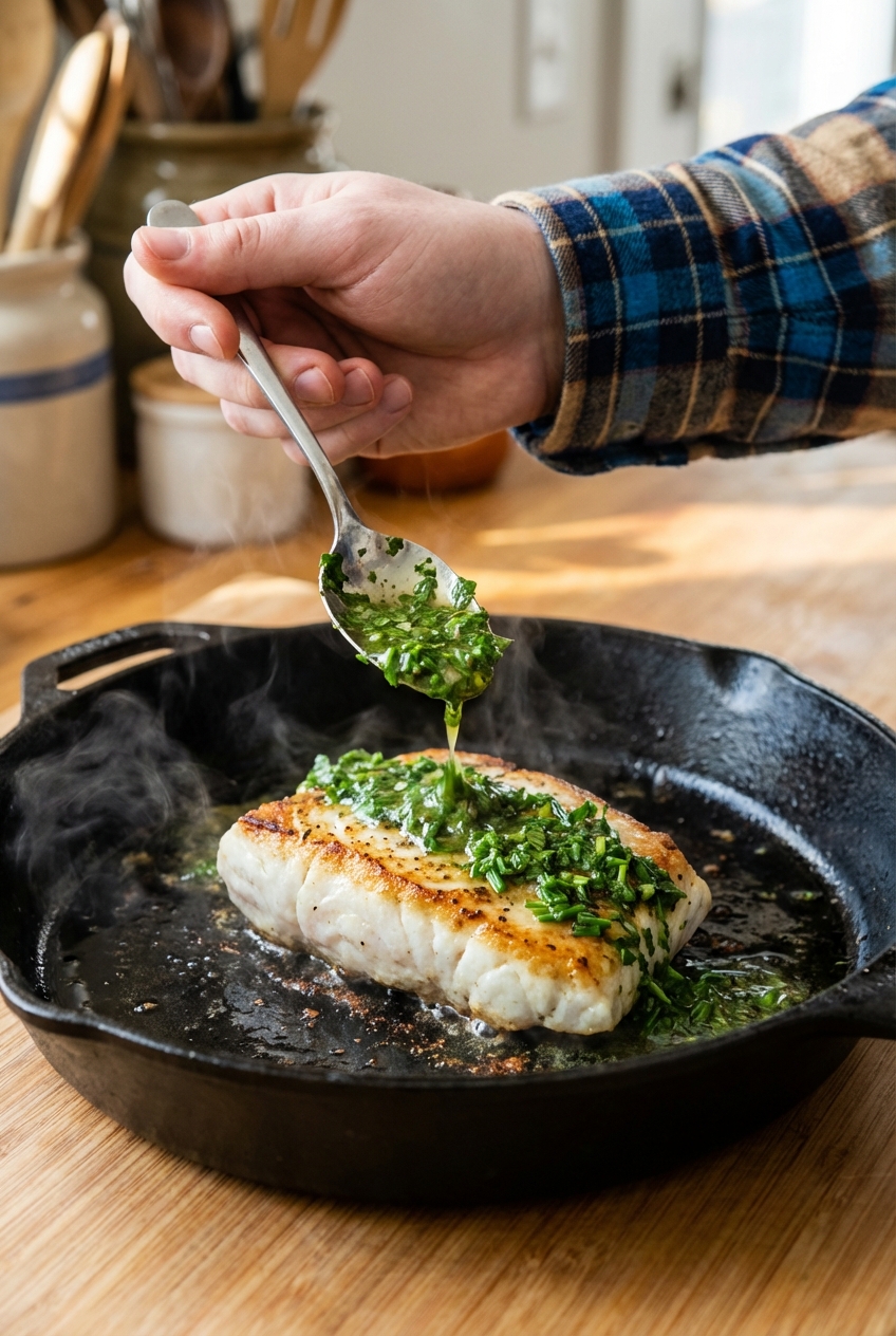 A close-up of a spoon pouring green herb sauce over a seared fish fillet in a skillet