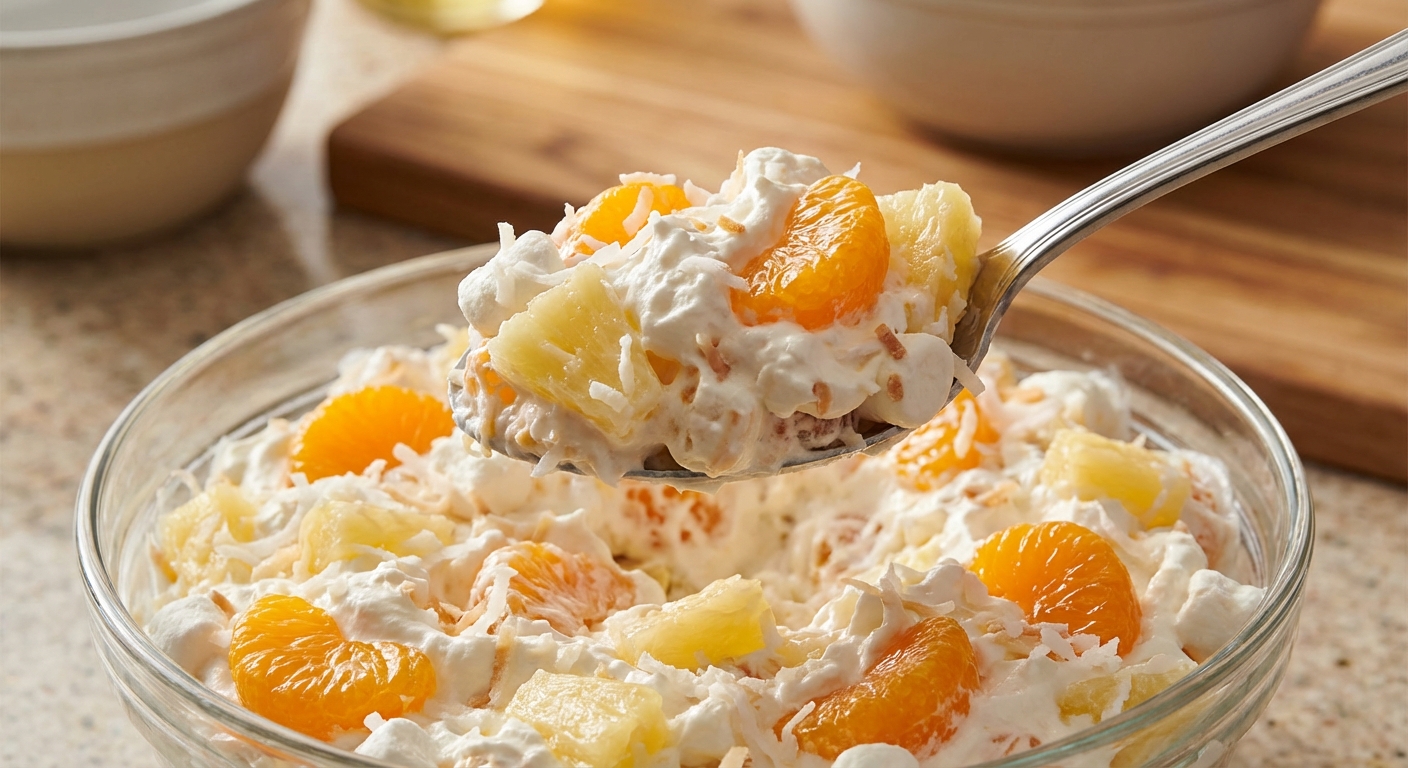 A close-up of a spoon scooping creamy ambrosia salad showing oranges, pineapple, and coconut