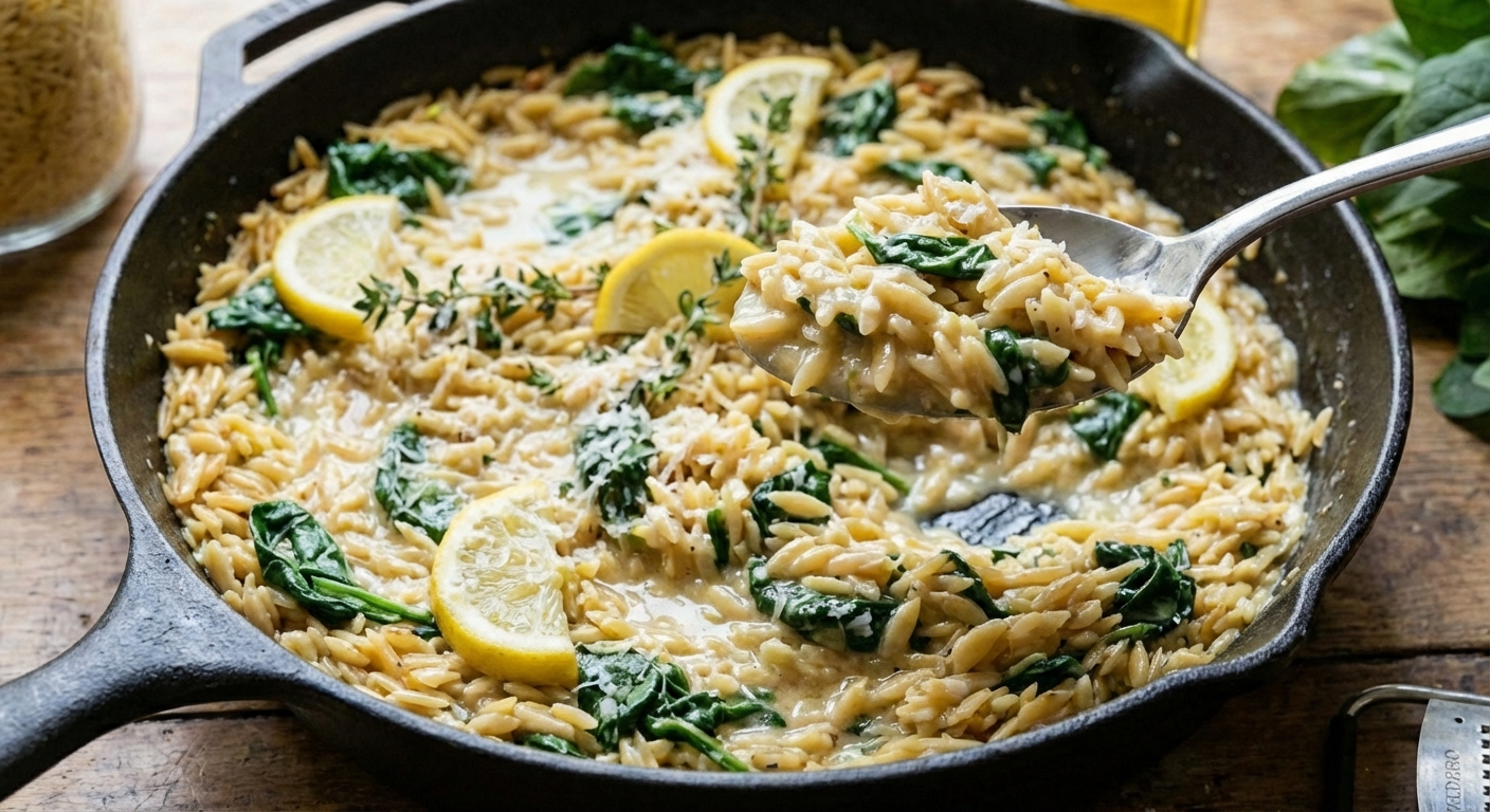 A close-up of a spoon scooping creamy lemon orzo with bits of spinach from a skillet