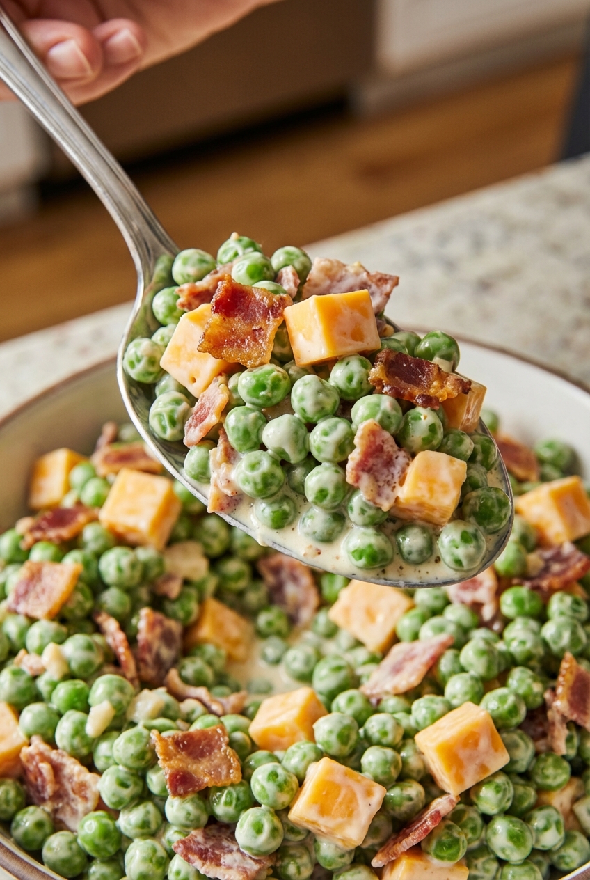 A close-up of a spoon scooping creamy pea salad showing peas, bacon pieces, cheddar, and dressing