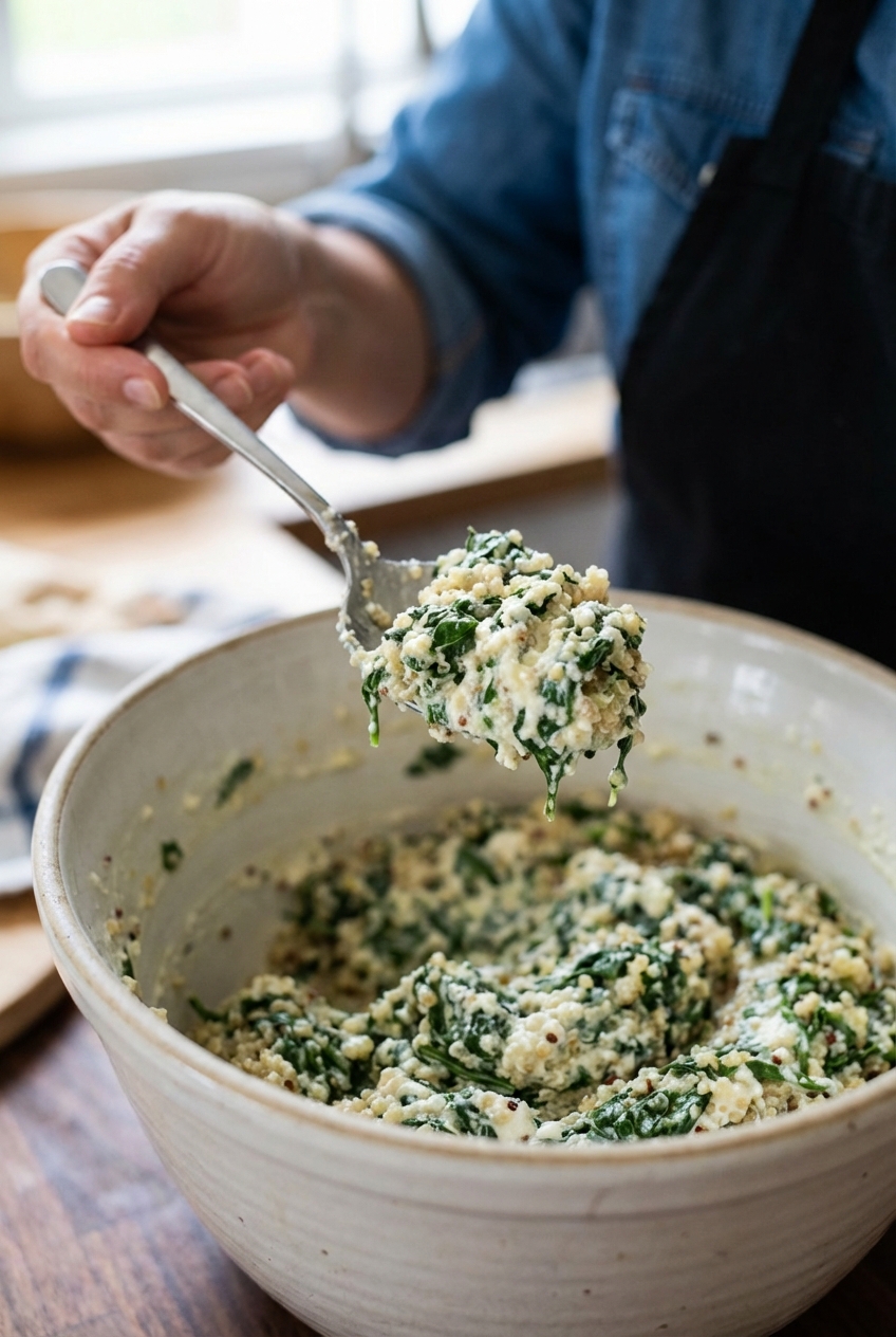 A close-up of a spoon scooping creamy spinach ricotta quinoa filling from a mixing bowl