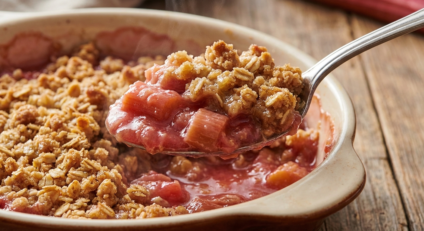 A close-up of a spoon scooping rhubarb crisp showing jammy pink filling and crunchy oat crumble
