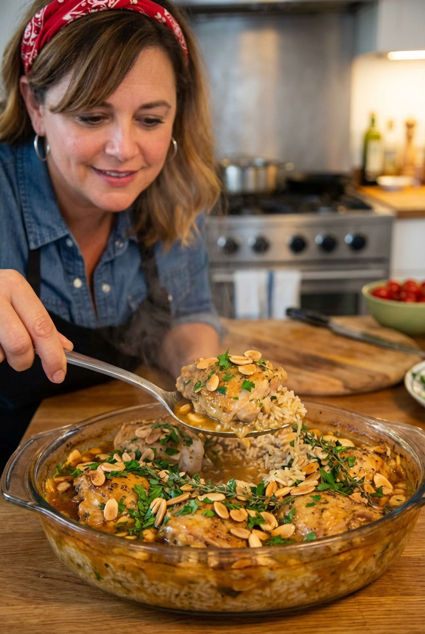 A close-up of a spoon scooping saucy chicken and tender rice from a casserole dish with visible herbs and toasted nuts