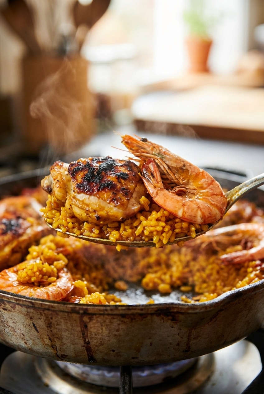 A close-up of a spoon scooping saucy smoky rice with a piece of chicken and a shrimp from a paella pan
