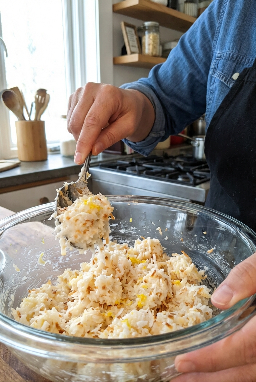 A close-up of a spoon scooping sticky coconut macaroon mixture from a mixing bowl with lemon zest visible