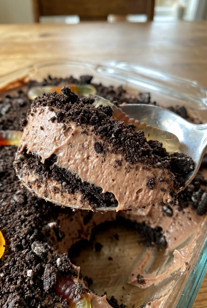 A close-up of a spoon scooping through dirt cake layers showing light brown chocolate-cream filling and dark cookie crumbs