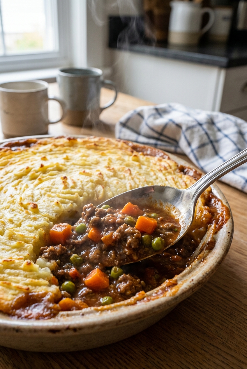 A close-up of a spoon scooping through shepherd’s pie showing saucy beef and vegetables under a golden potato crust