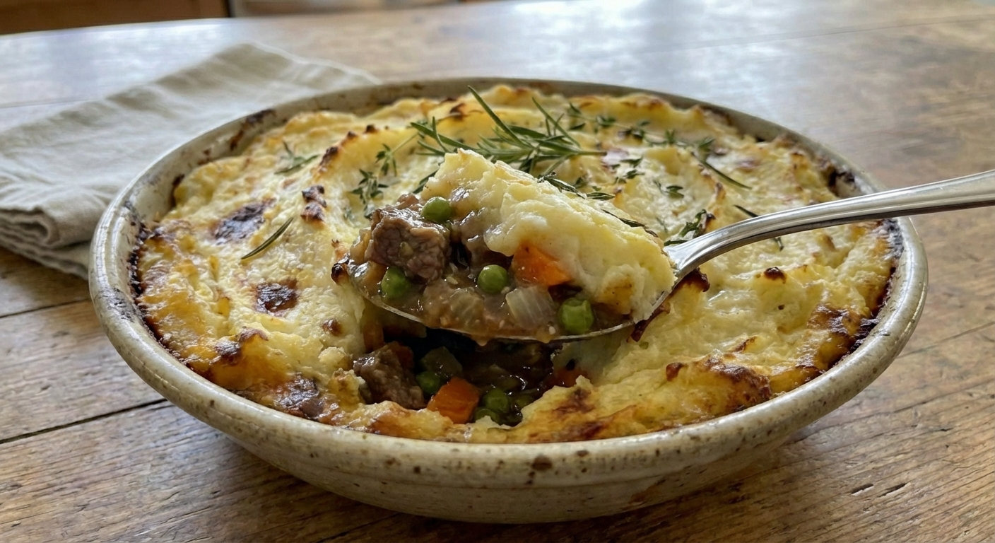 A close-up of a spoon scooping through shepherd’s pie showing the beef and vegetable filling under fluffy mashed potatoes with browned edges