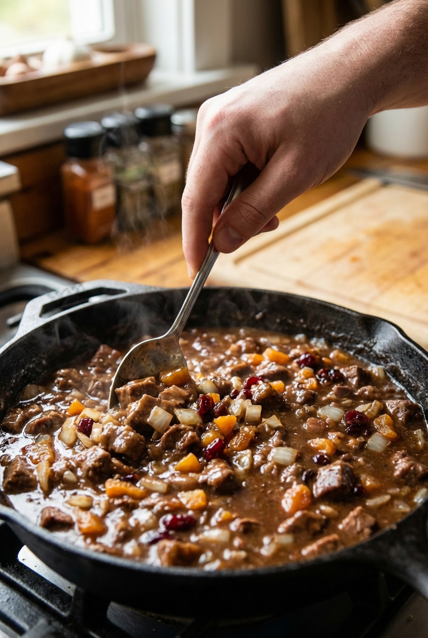 A close-up of a spoon stirring a glossy meat pie filling in a skillet with diced onions and small pieces of dried fruit