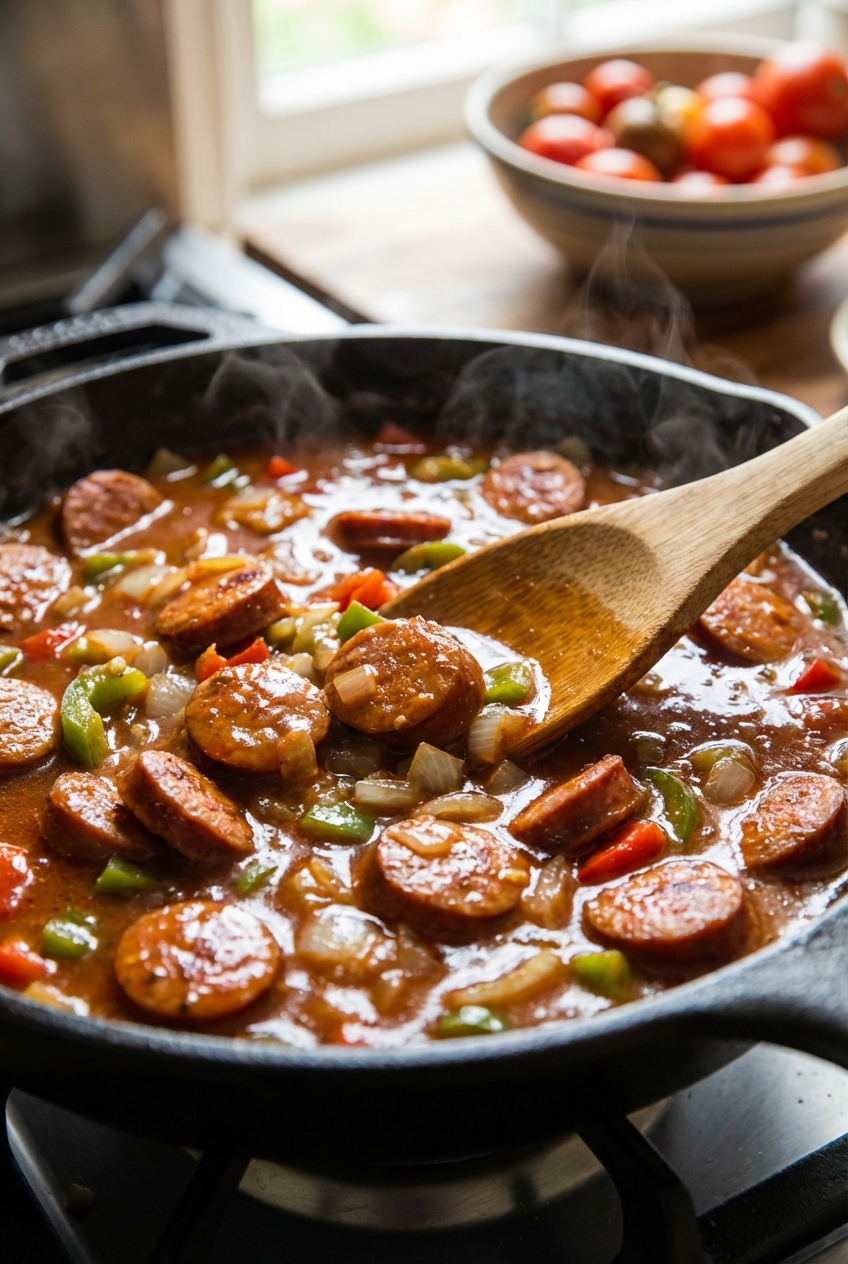 A close-up of a spoon stirring a glossy sauce with andouille slices, onions, and peppers in a skillet