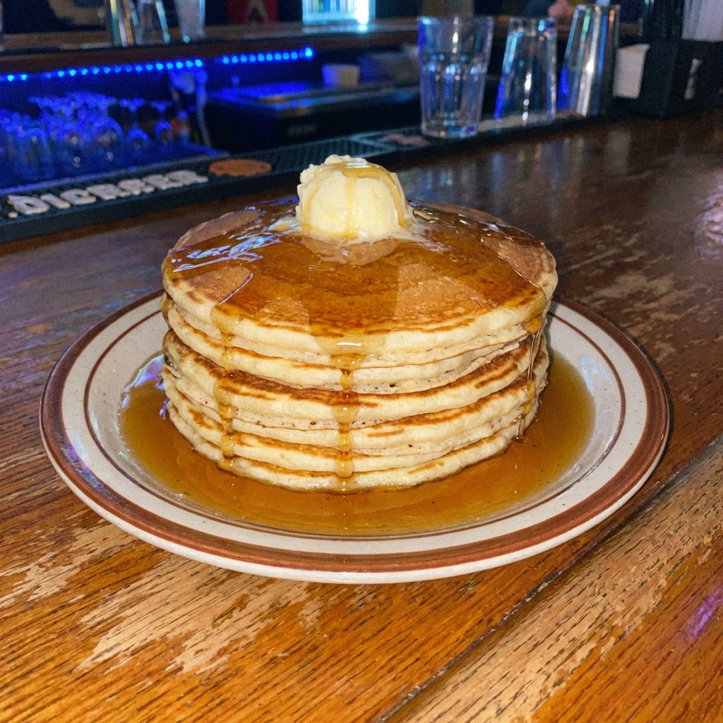 A close-up of a stack of fluffy pancakes with melted butter and maple syrup pooling on top