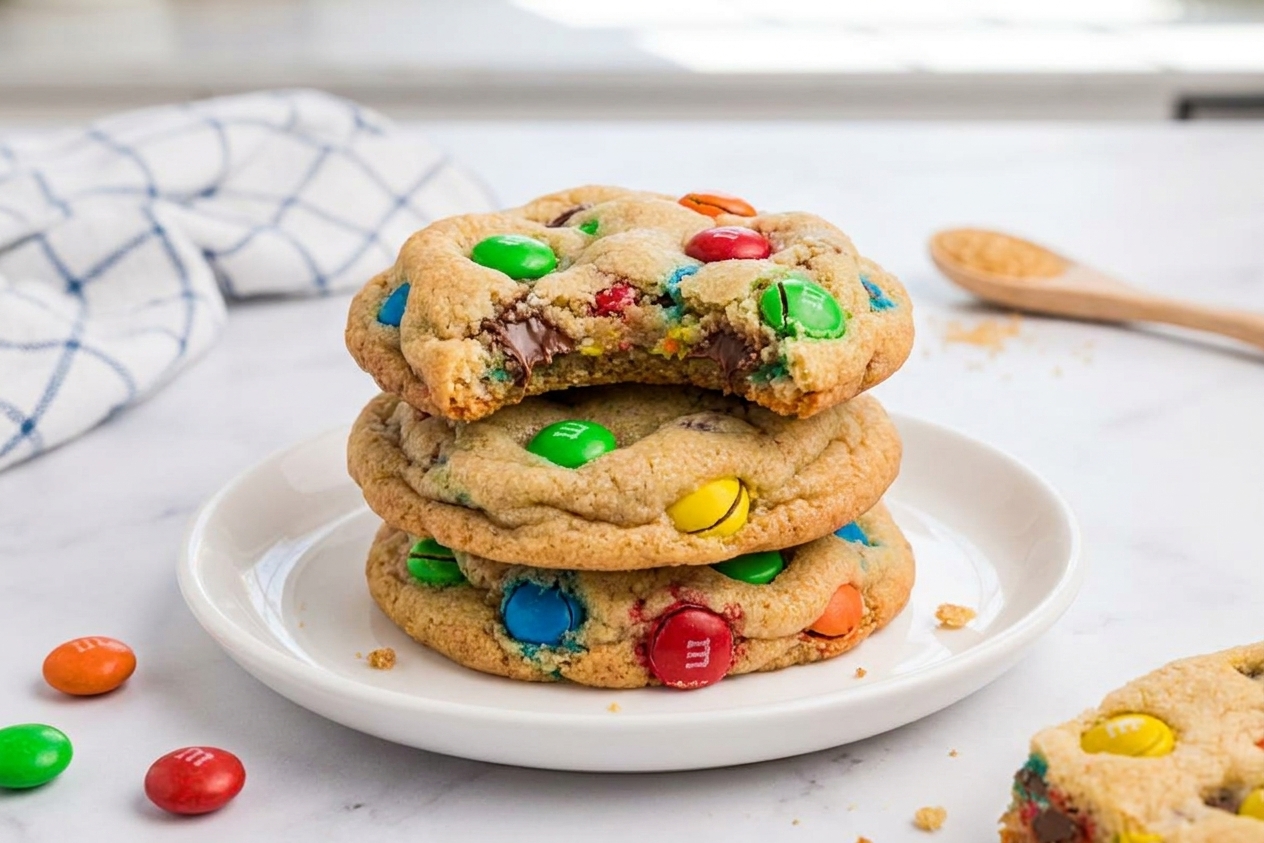 A close up of a stack of soft and chewy M&M cookies on a small plate with visible colorful candies and crisp golden edges